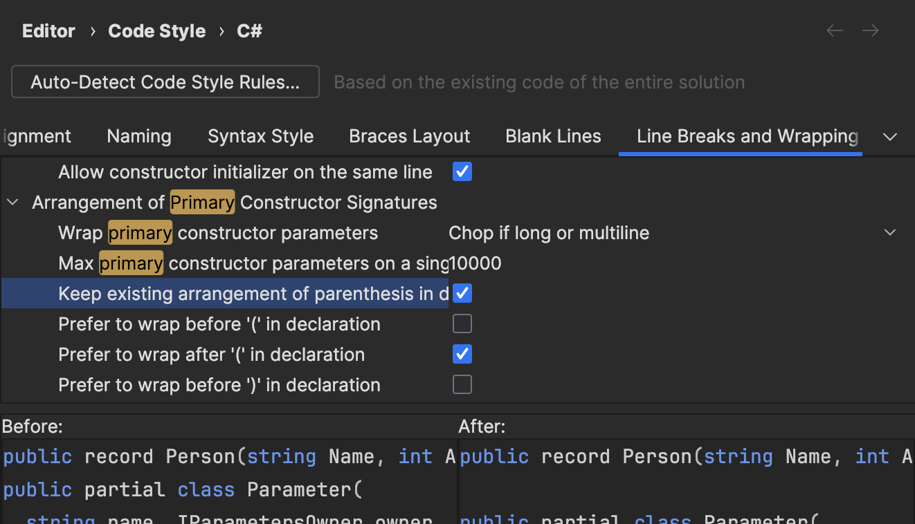 Line Breaks and Wrapping settings for primary constructors