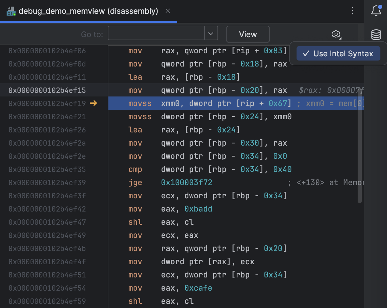 Disasm in debug