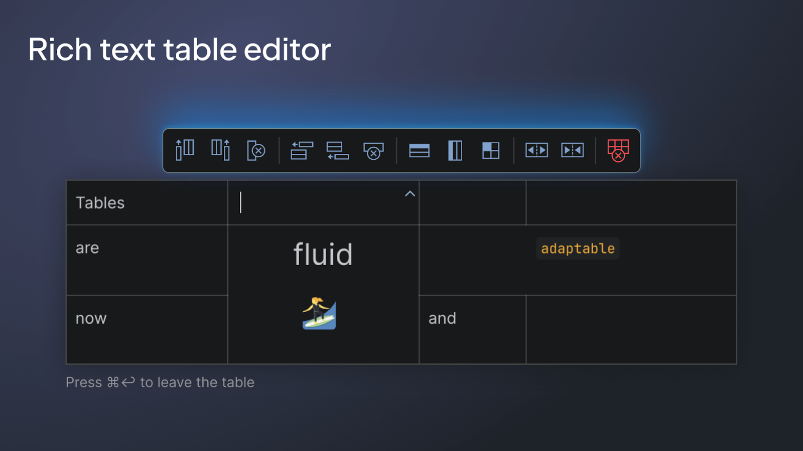 Space rich text table editor