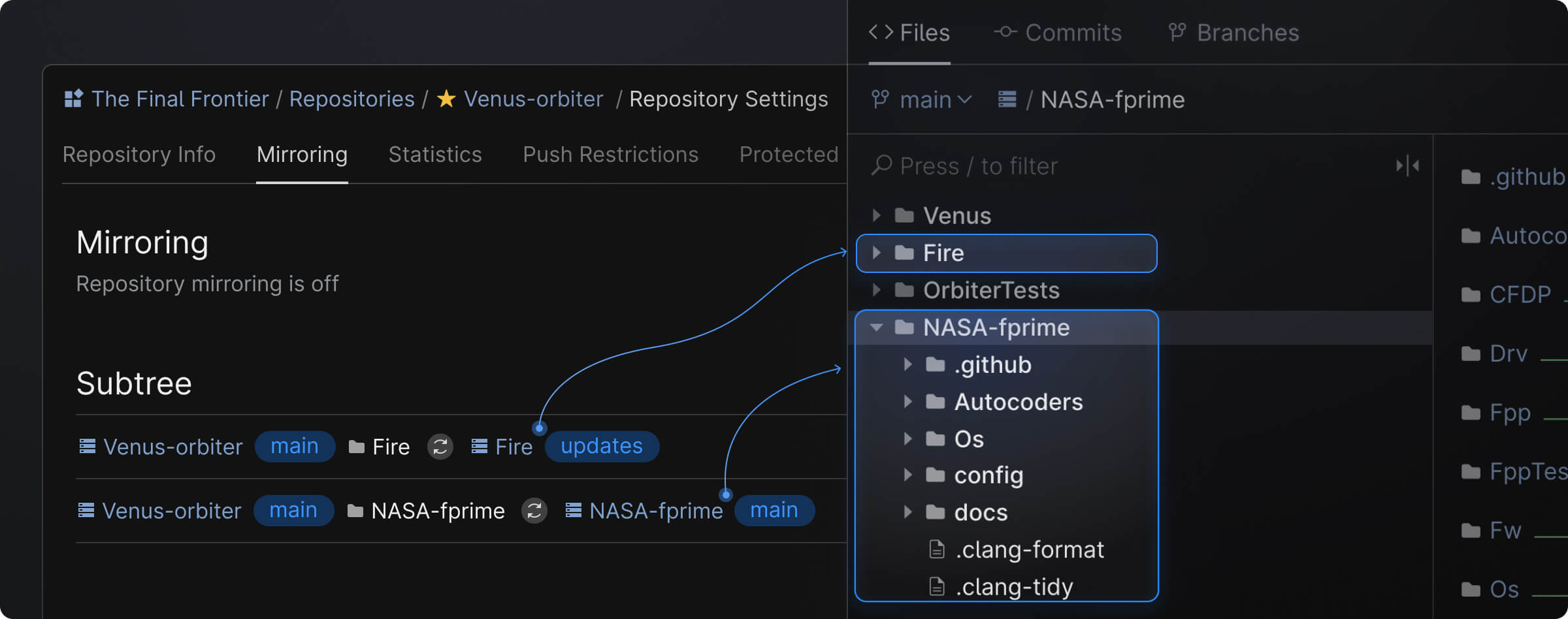 A diagram showcasing the UI of Space Git subtree implementation