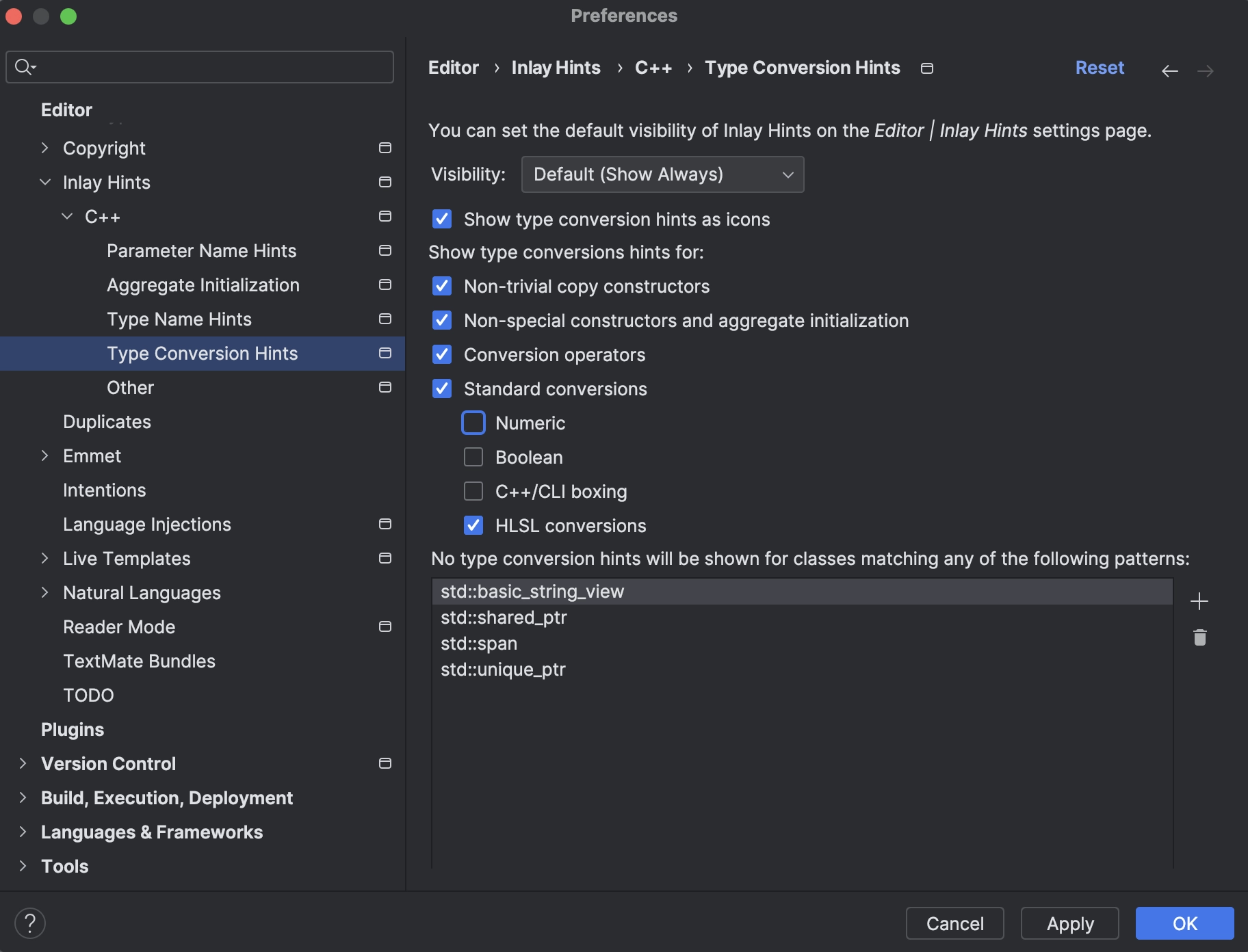 Type conversion hints settings