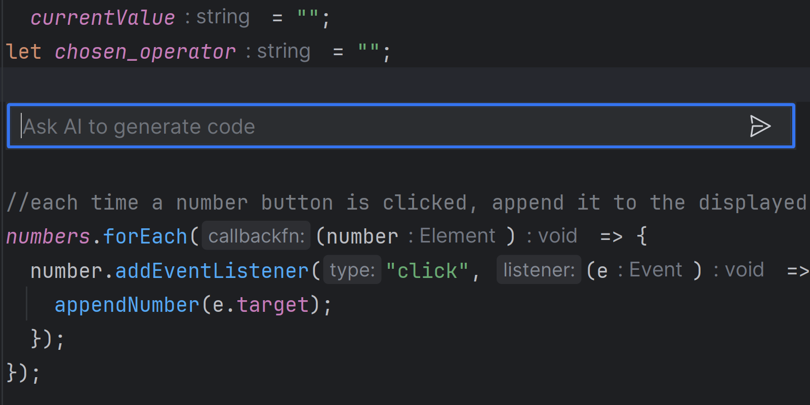 Image of the in-editor AI generation prompt in WebStorm 2023.3 