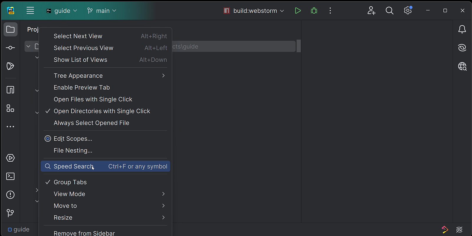 Image showing the Speed Search shortcut added in WebStorm 2023.3