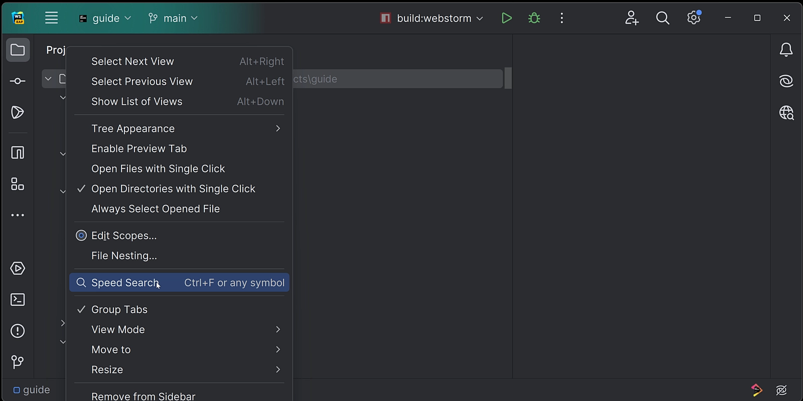 Image showing the Speed Search shortcut added in WebStorm 2023.3