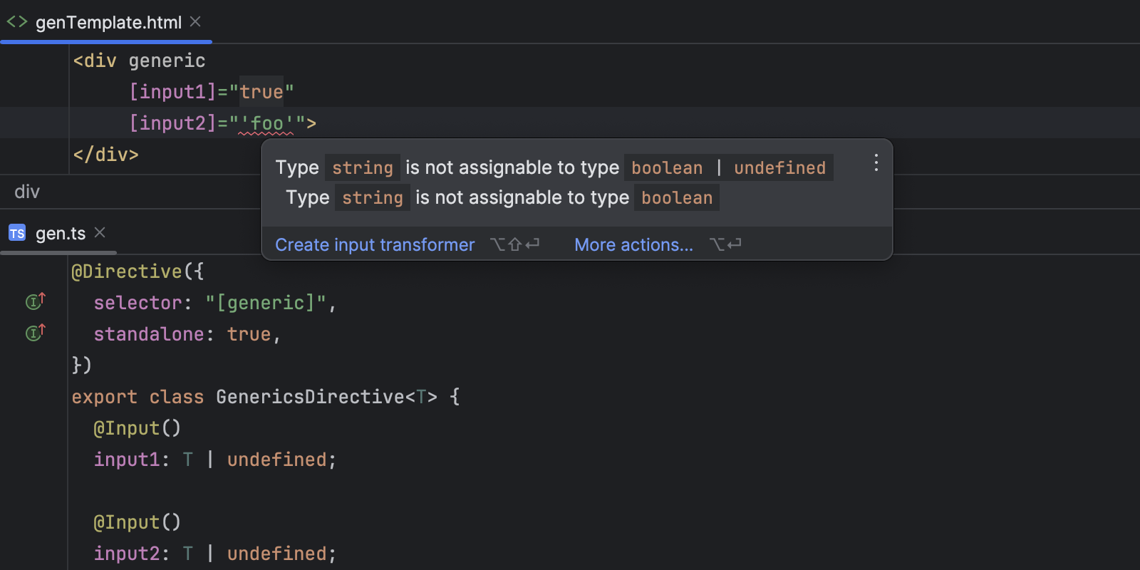 Image showing the strict template type checking in Angular templates in WebStorm 2023.3