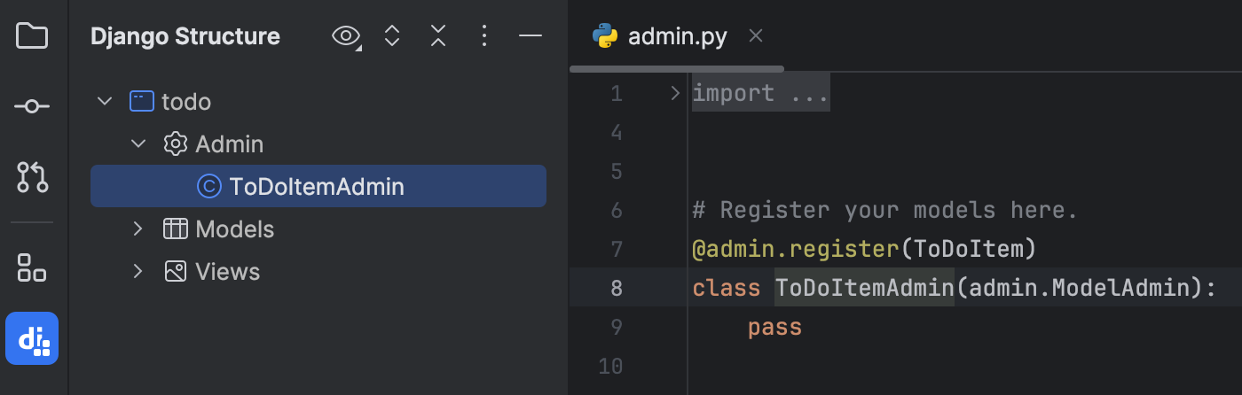 Quick access via the Django Structure tool window