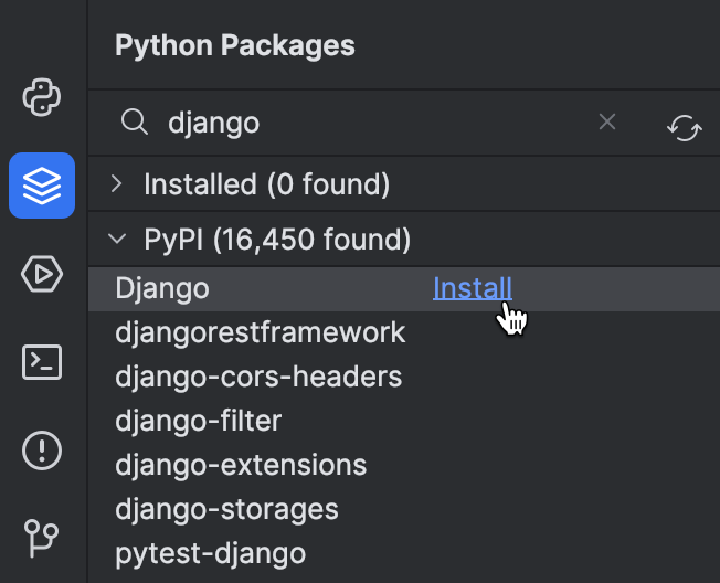 Python Packages（Python パッケージ）ツールウィンドウでの Django のインストール