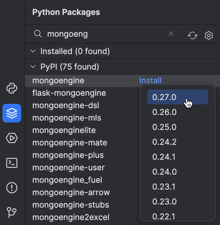 Python Packages（Python パッケージ）ツールウィンドウでの MongoEngine のインストール