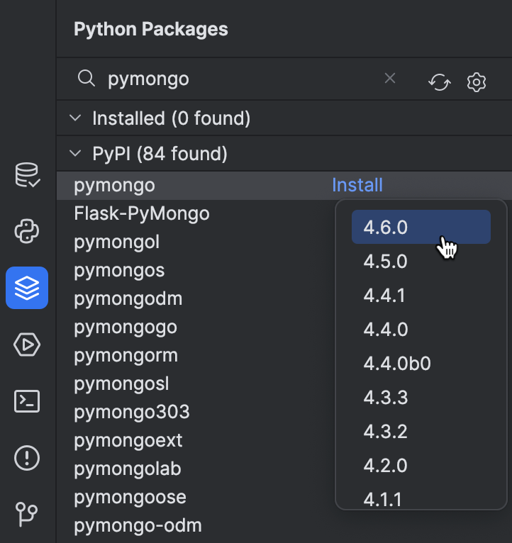 Python Packages（Python パッケージ）ツールウィンドウでの PyMongo のインストール