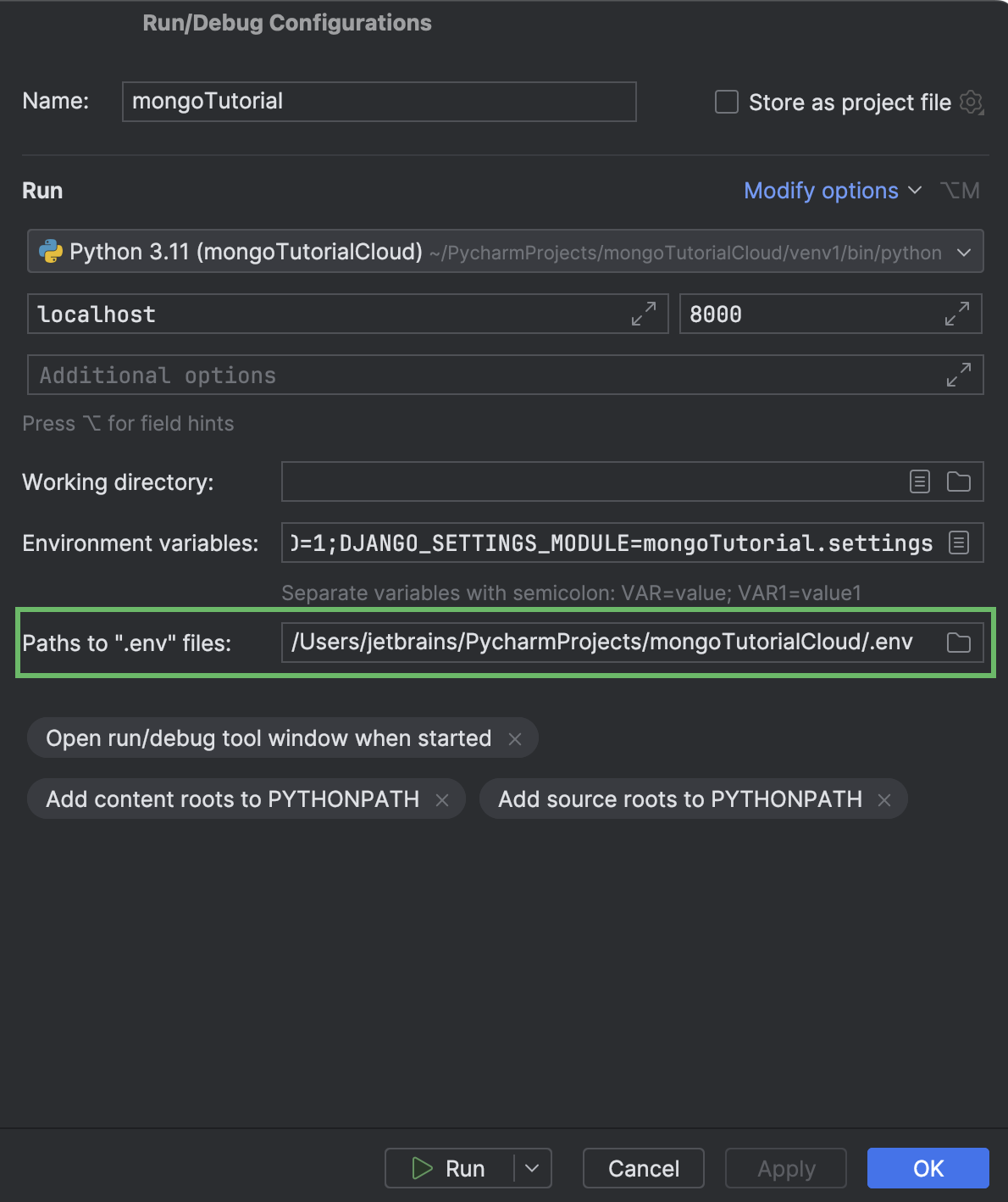 Specify the path to .env file in the run configuration