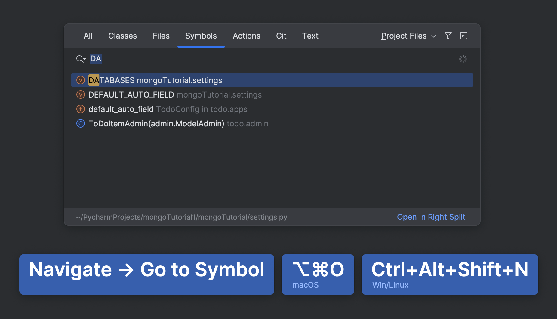 快速导航到 settings.py 中的 DATABASES 部分