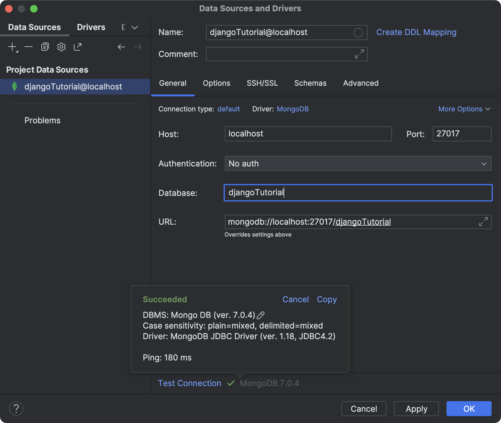 Configuring the data source and testing connection