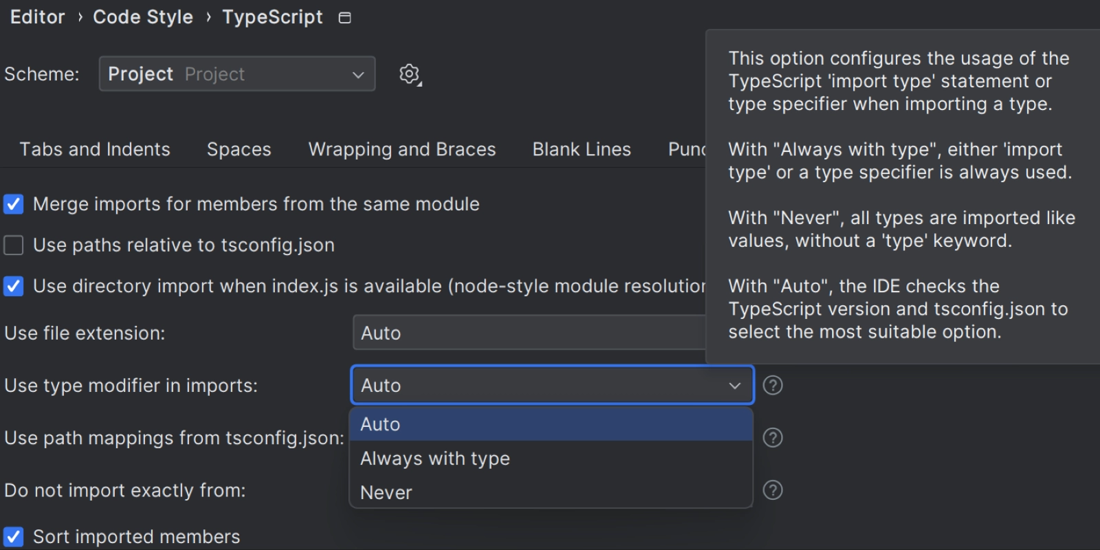 Image showing the settings options for type modifier imports in WebStorm 2023.3