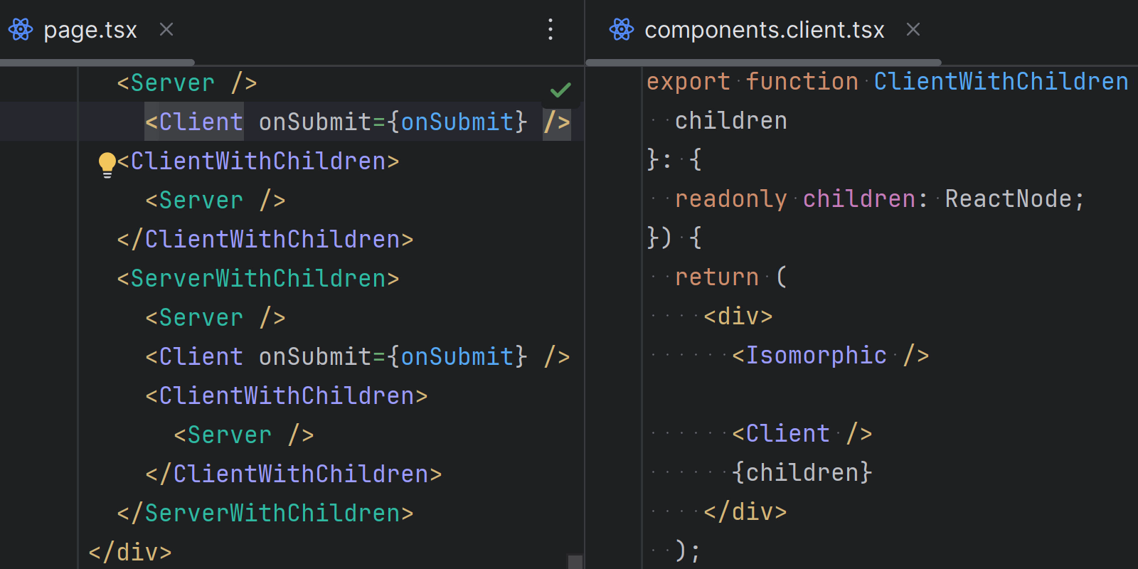Image showing the different syntax highlighting for client and server components in both dark and light theme