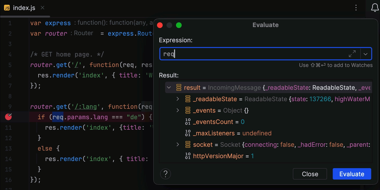 Evaluate Expression in a popup: view object.