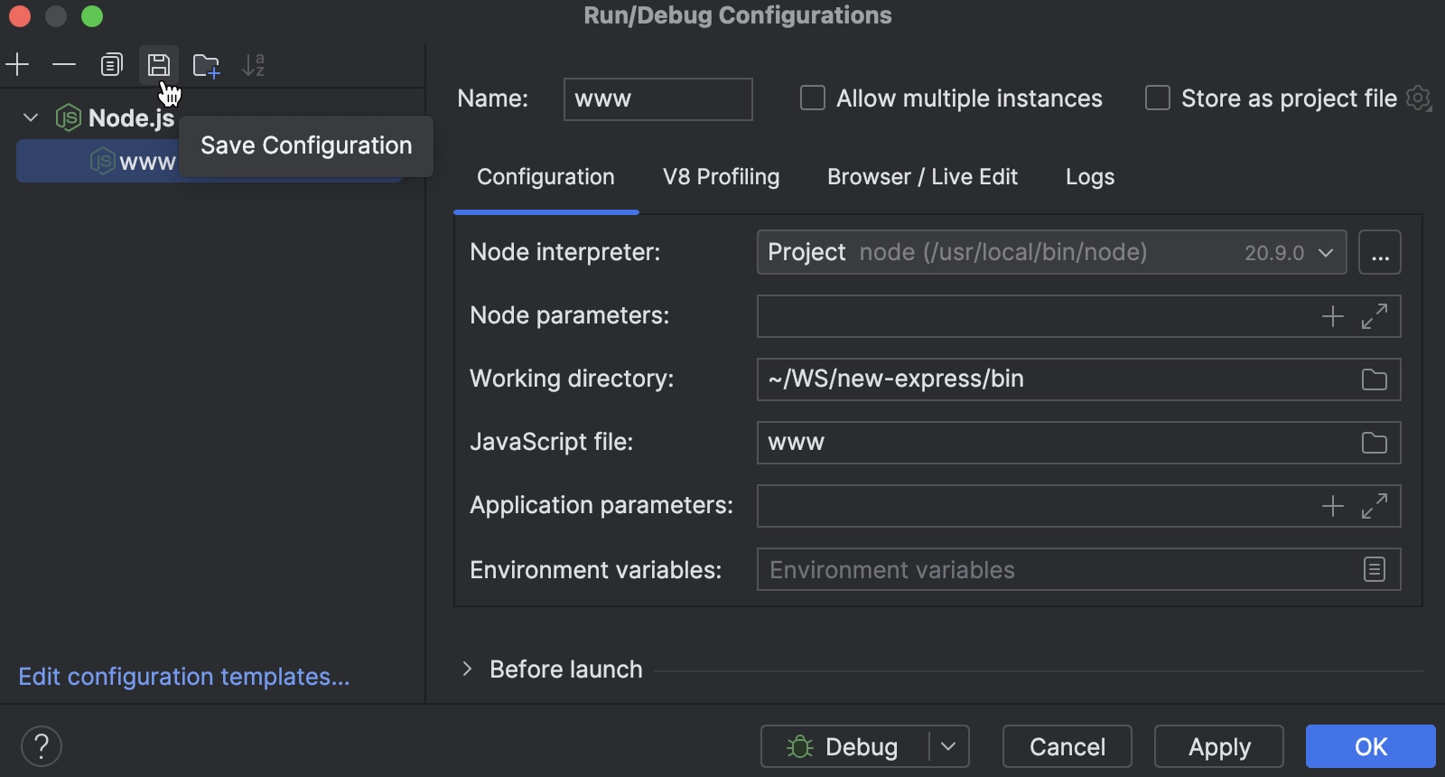 Saving a temporary run/debug configuration.