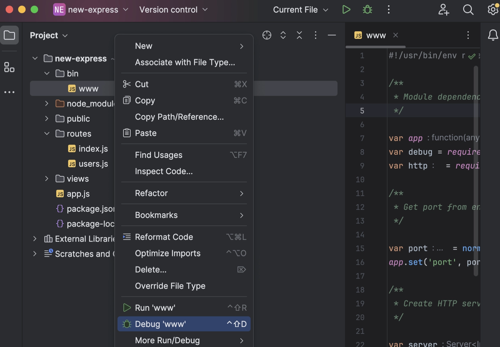 Start a debugging session from the Project tool window.