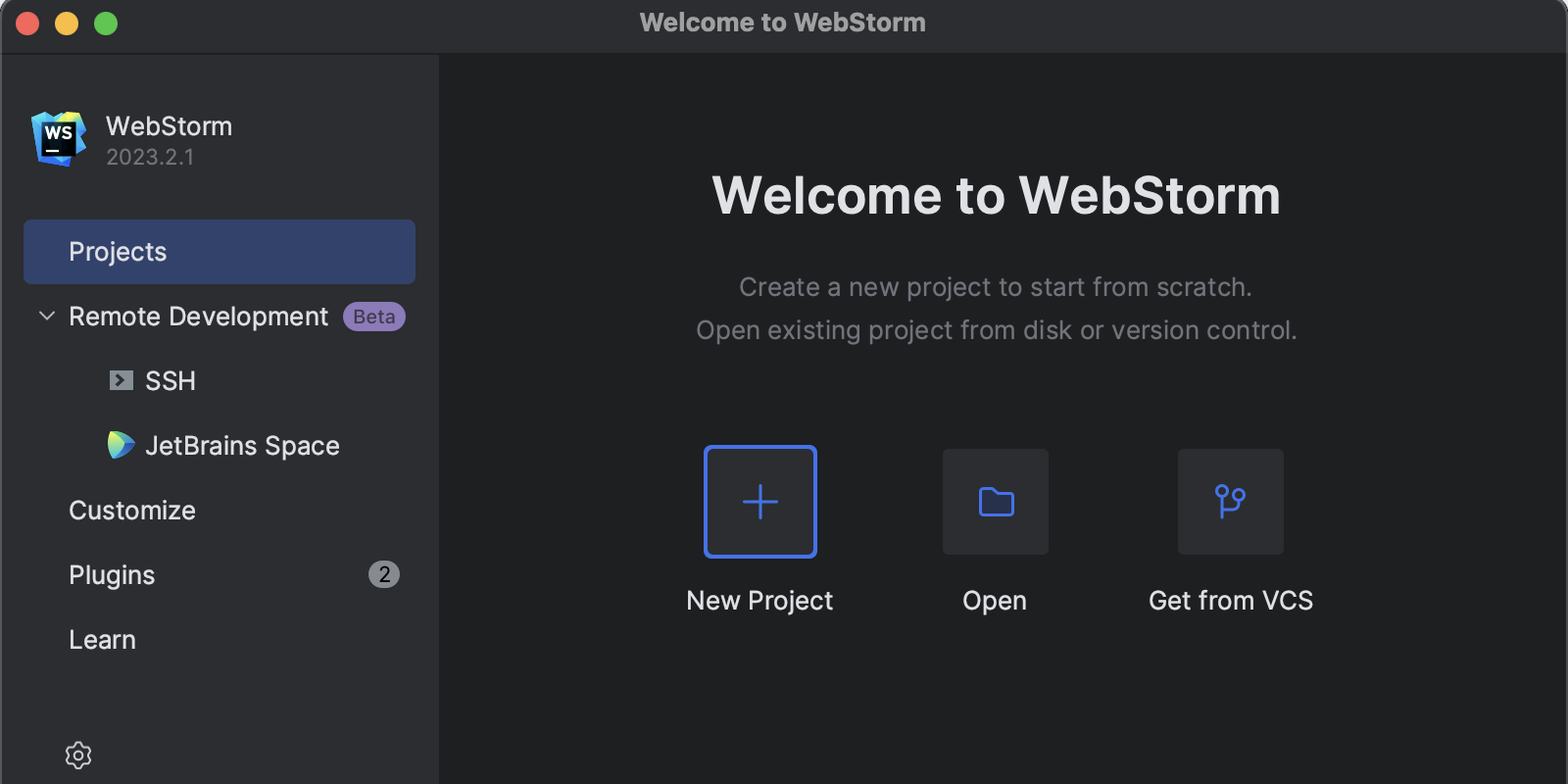 Welcome screen: New Project