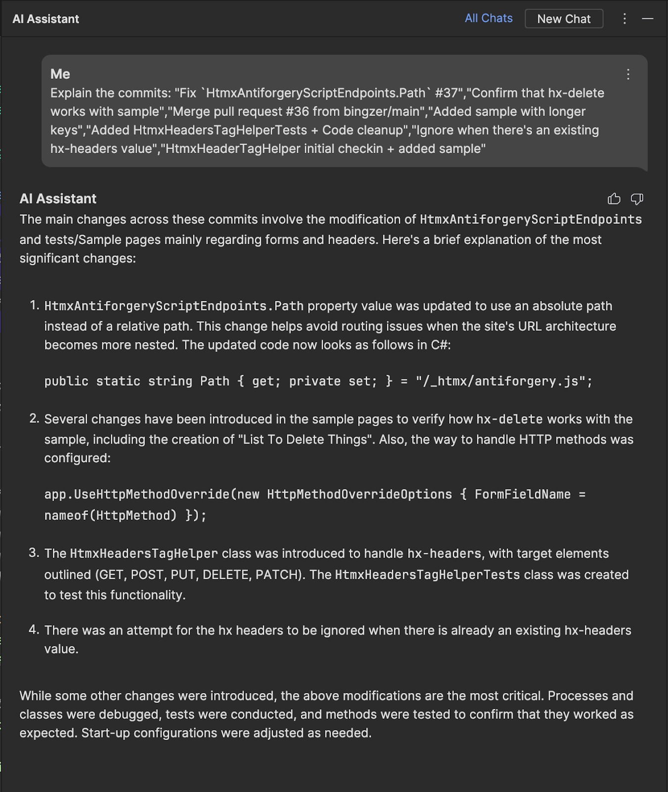 JetBrains AI Assistant chat with commits as context and an explanation