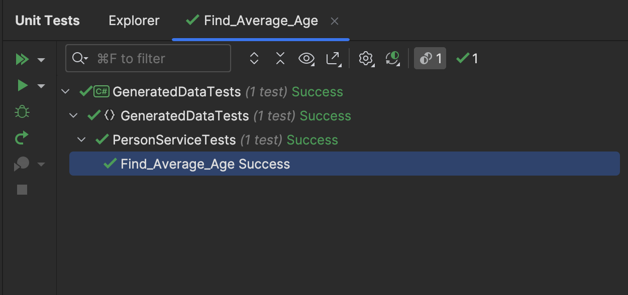 Unit test tool window with a passing test