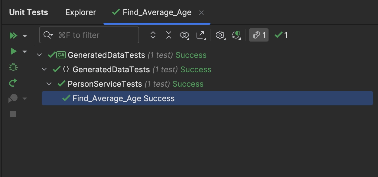 Unit test tool window with a passing test