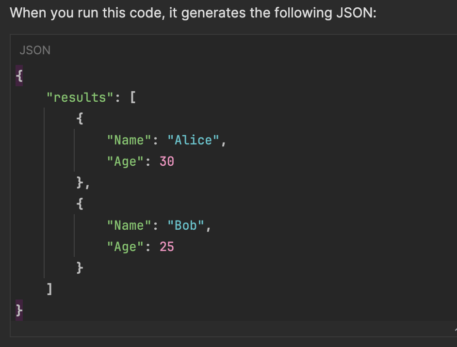 JSON sample generated in AI Chat