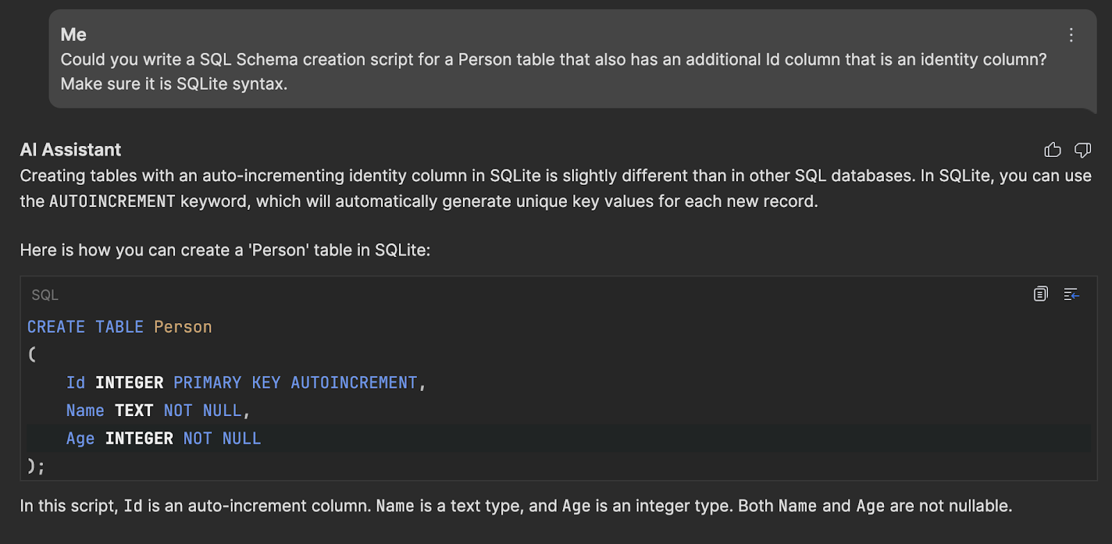 SQLite schema recommended in chat