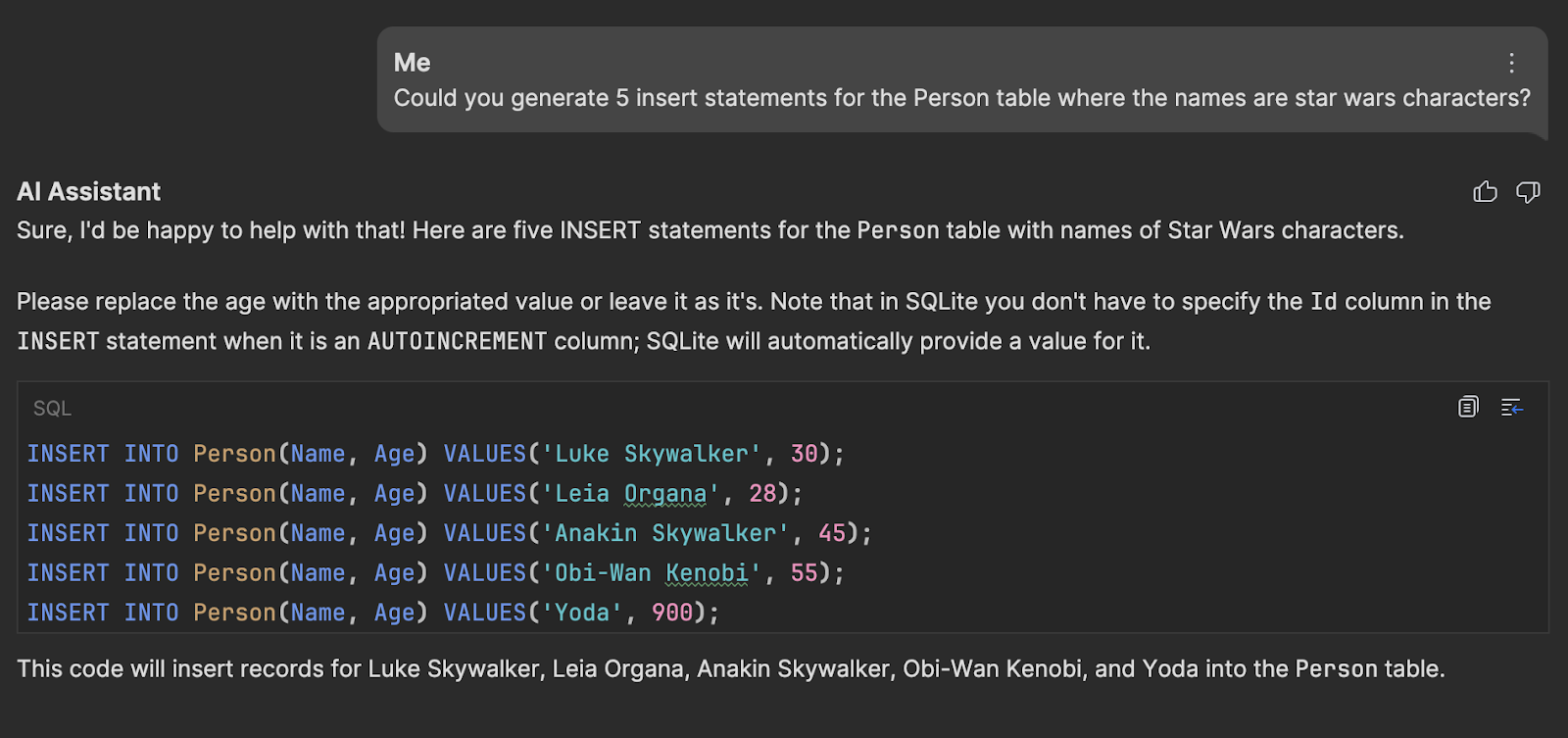 SQL inserts recommended by AI Chat