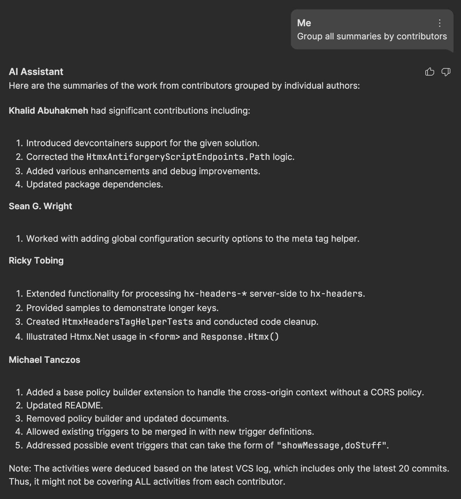 貢献者別にグループ化された作業を表示中の JetBrains AI Assistant