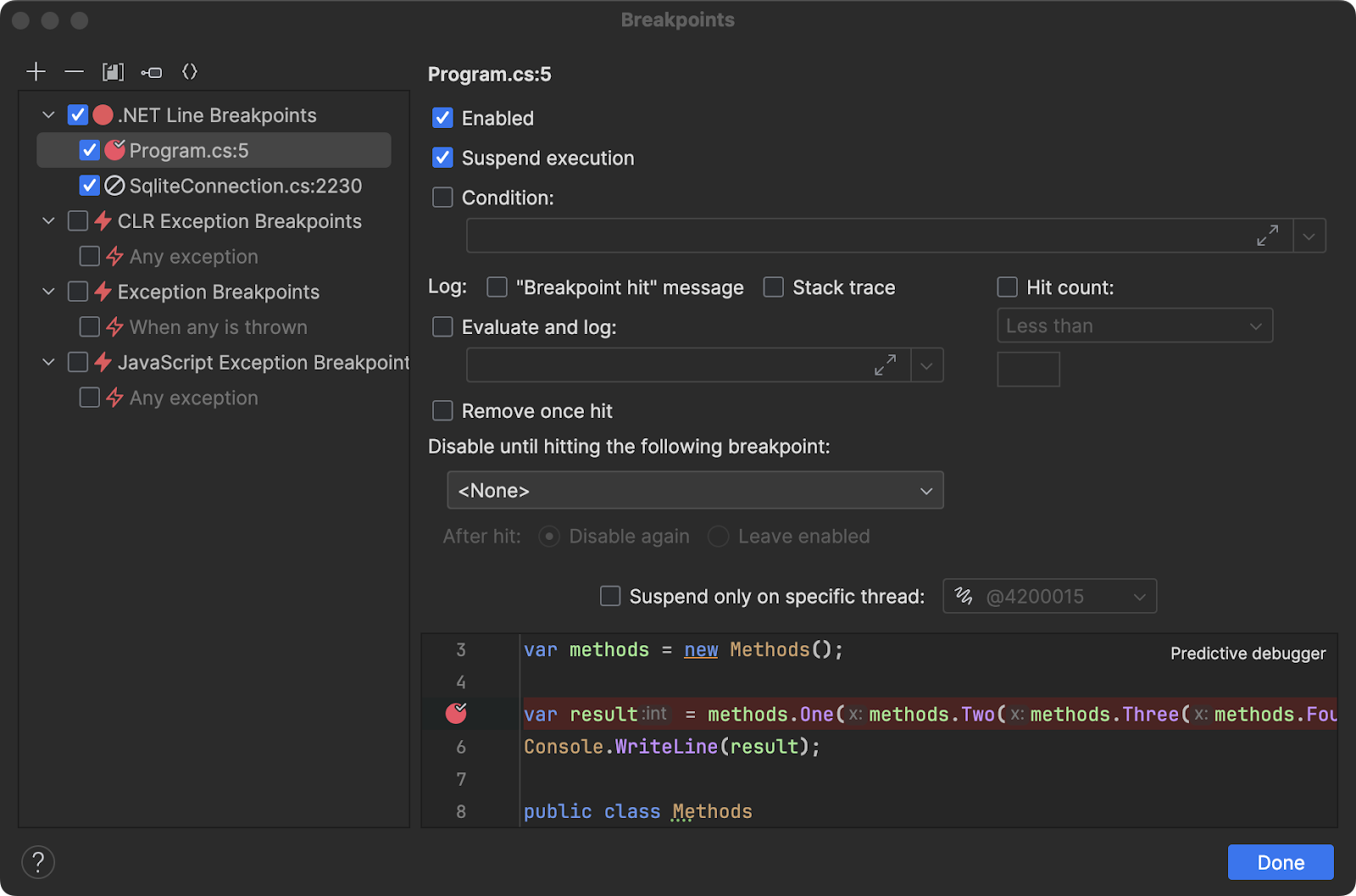 Breakpoints settings window