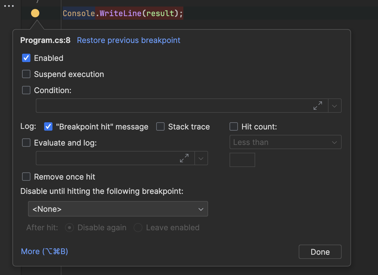 Breakpoint settings in the editor