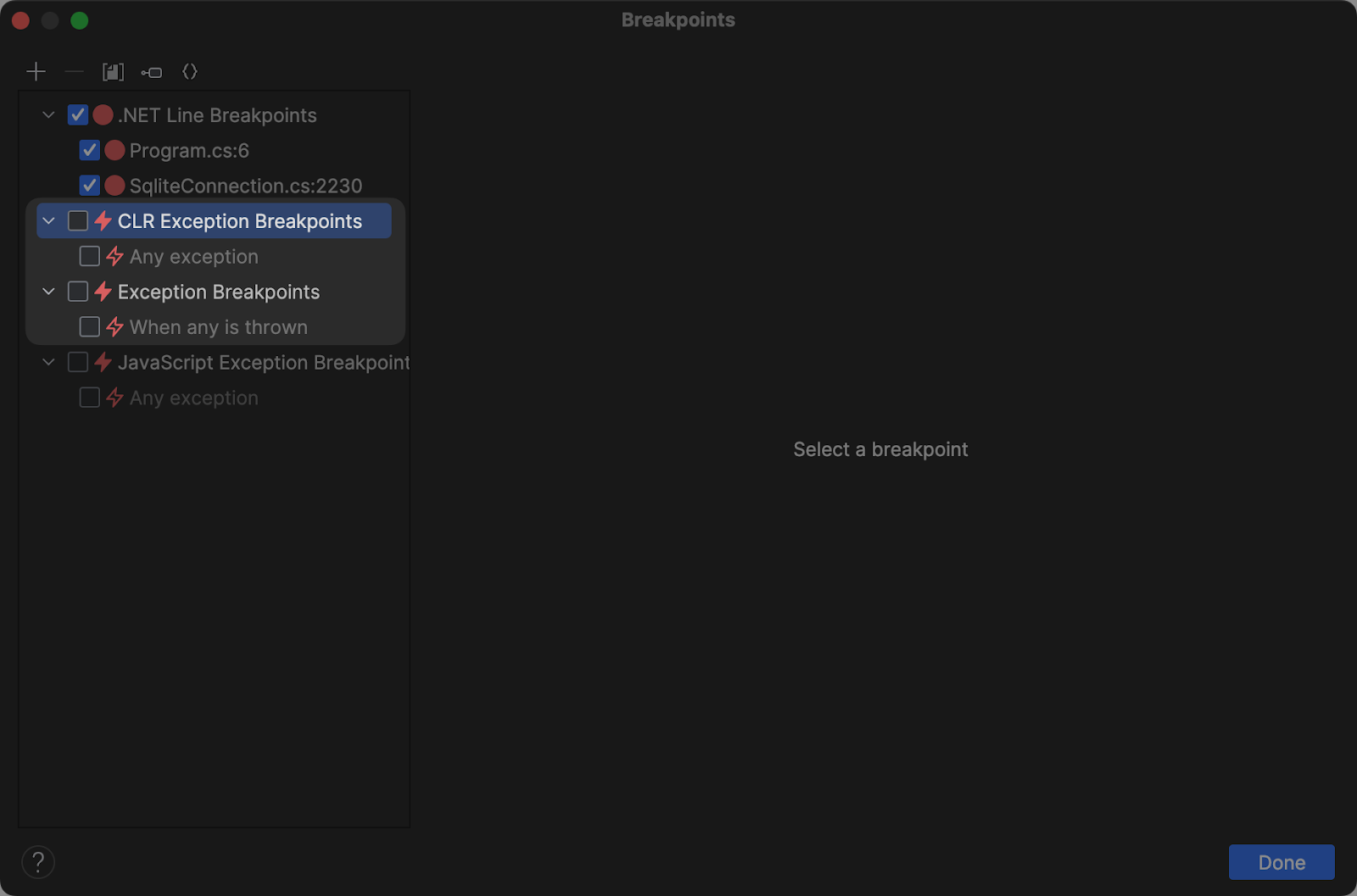 Breakpoints settings with options on the left-hand side.