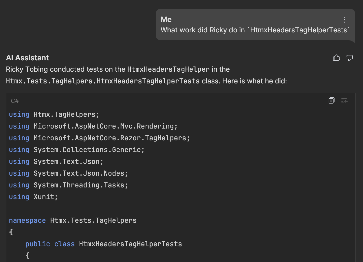 csharp 클래스에서 Ricky가 수행한 작업을 보여주는 JetBrains AI Assistant