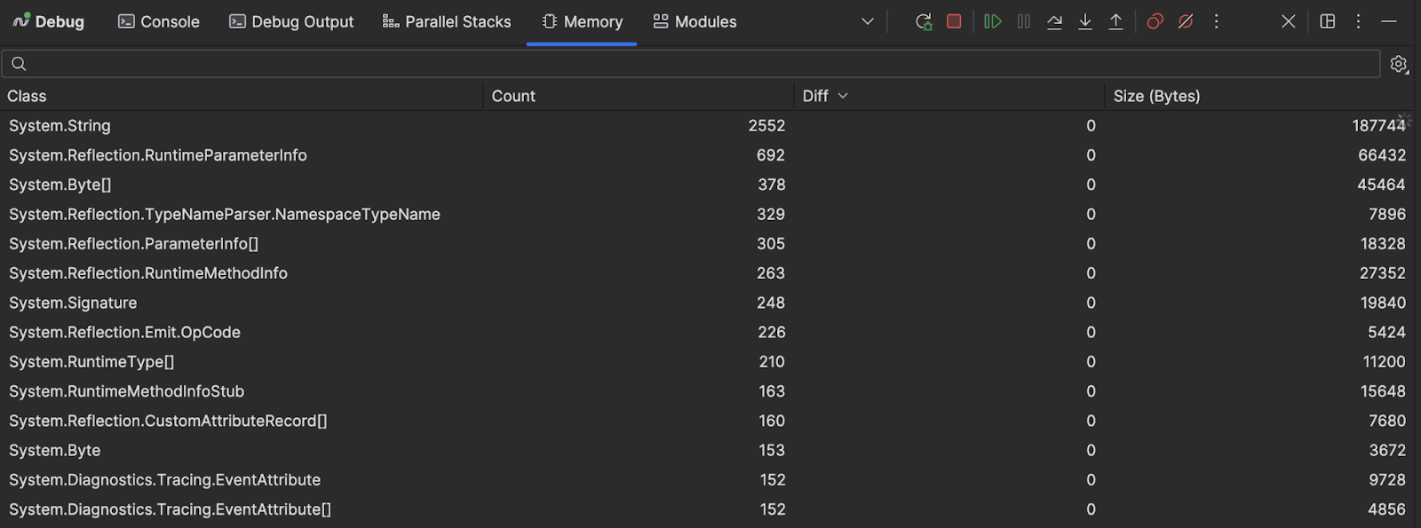 Memory view with a set of data.