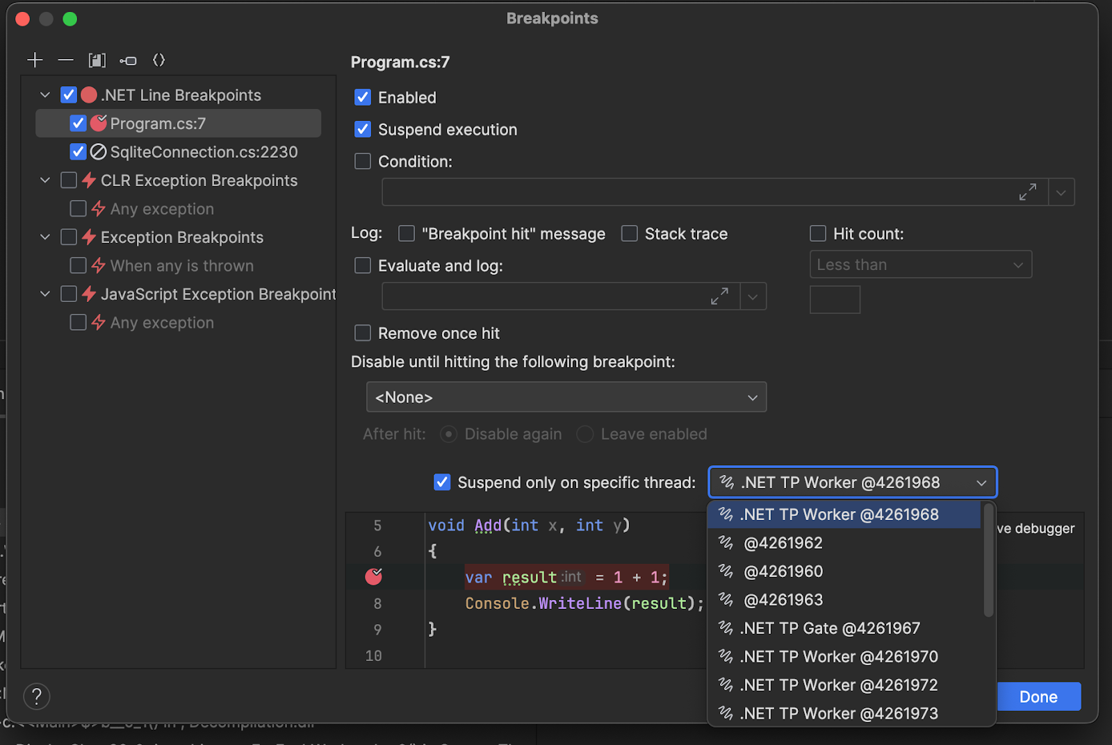 Choosing a thread from the breakpoints settings window