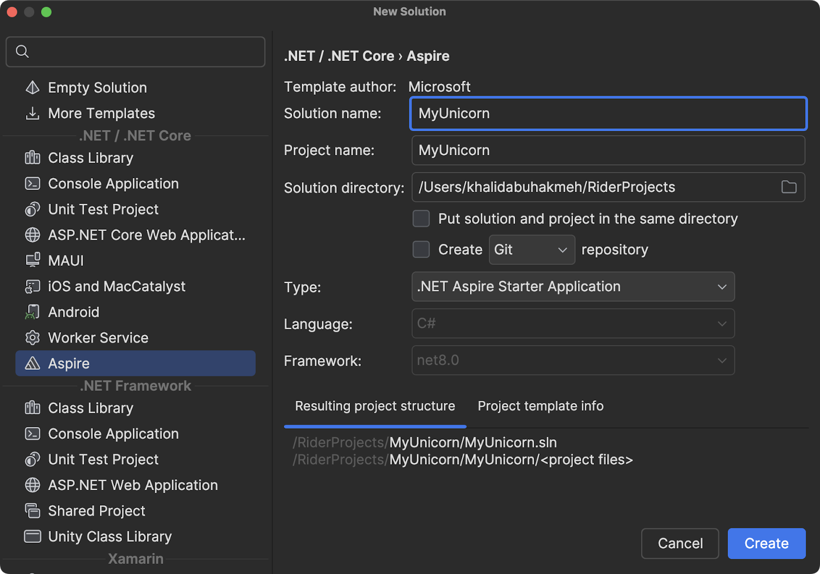 JetBrains Rider New Solution screen showing .NET Aspire workload