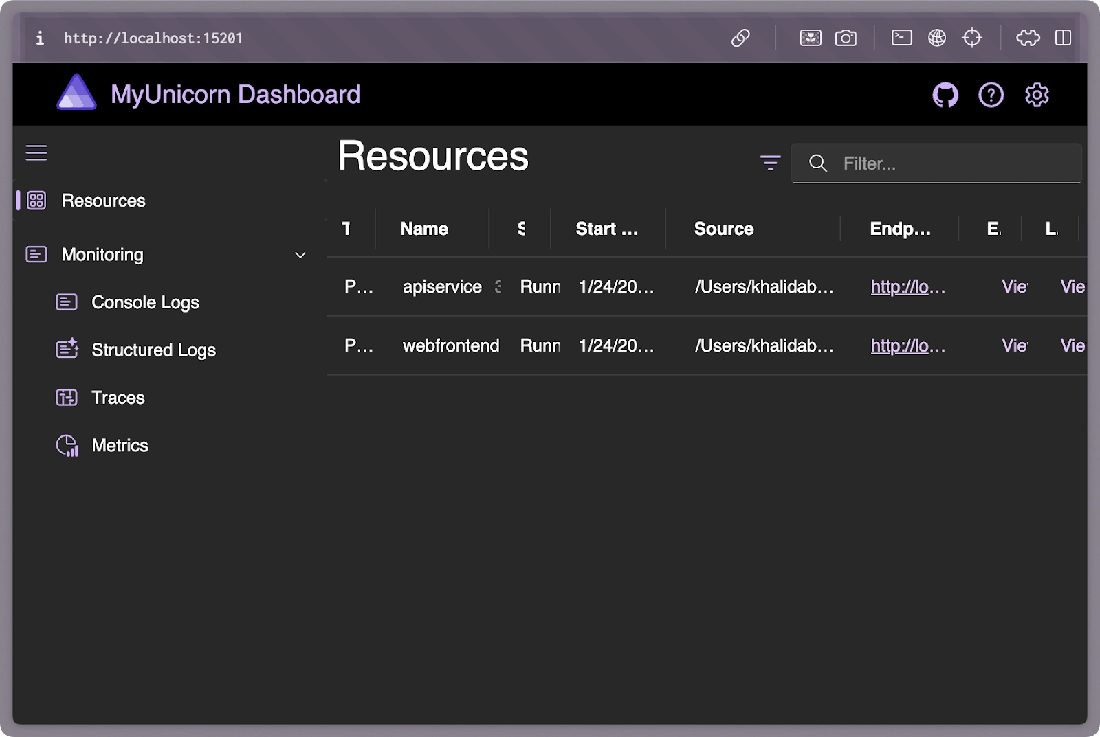 .NET Aspire Dashboard in web client