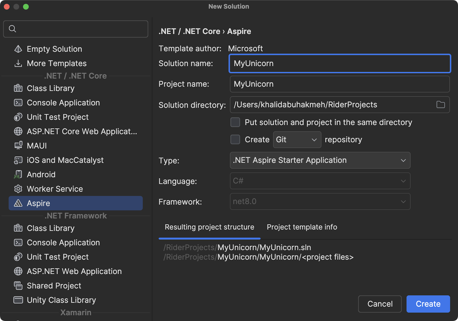 New Solution Dialog creating a new .NET Aspire solution.