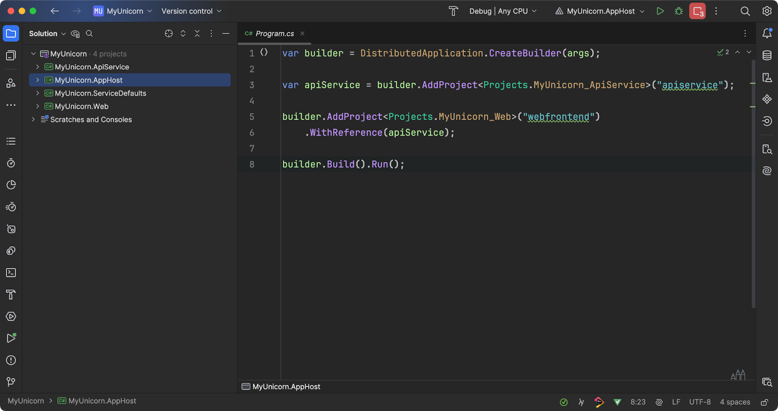 JetBrains Rider showing a new .NET Aspire solution in action.