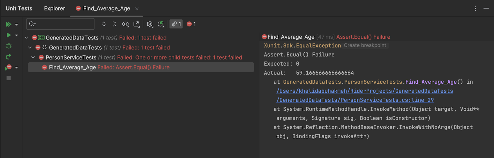 Unit test tool window with a assertion failure.