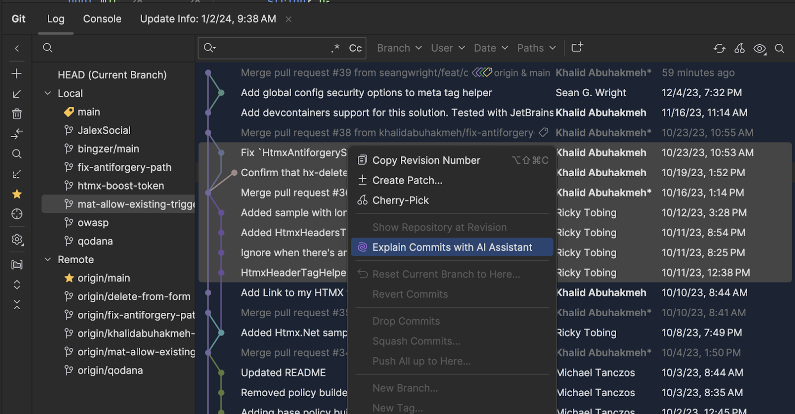 JetBrains Rider Git Tool Window with context menu showing Explain Commits with AI Assistant