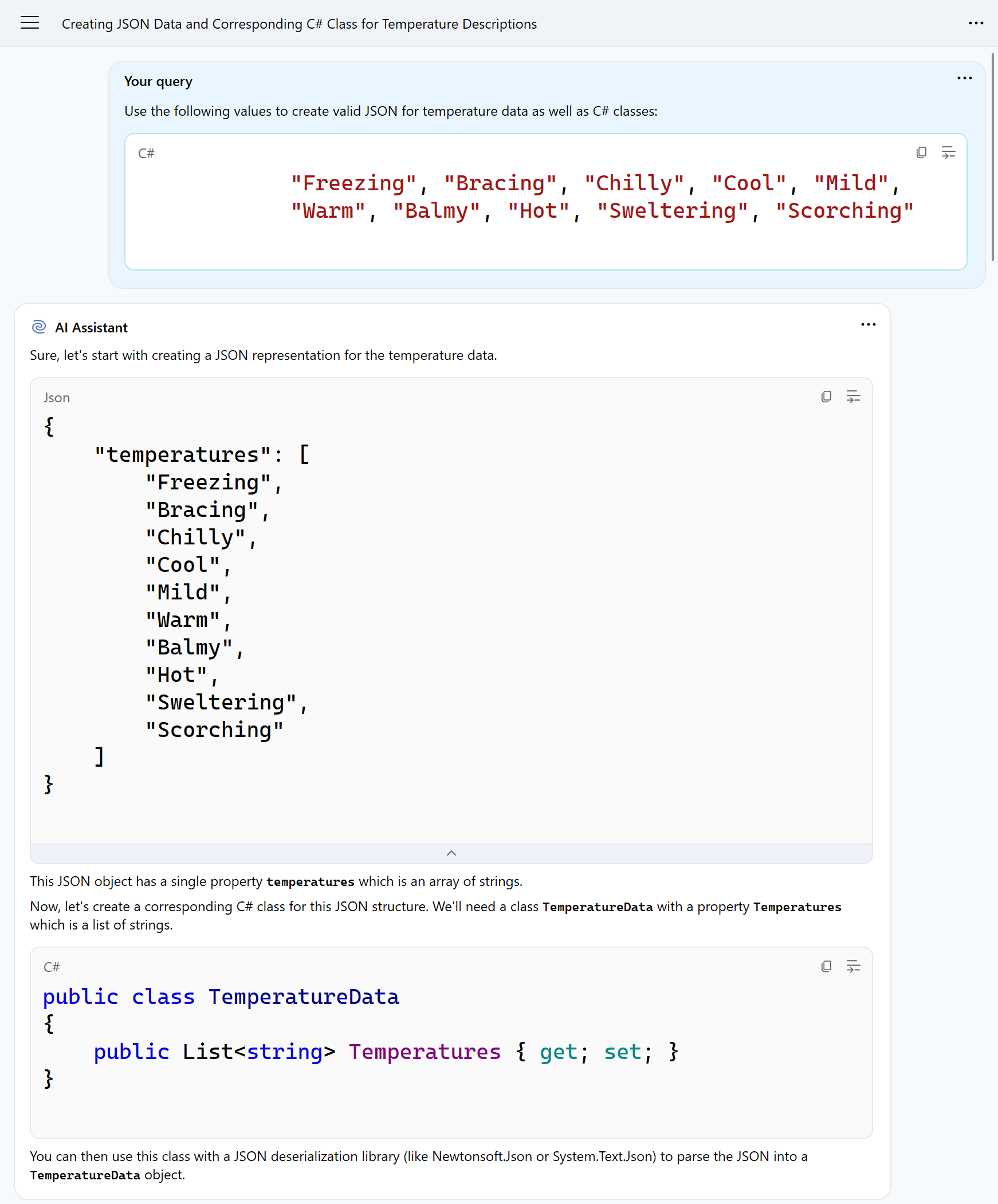 Image of the AI Assistant chat window and block of code sent to it from the Alt+Enter AI intention action. It also shows the resulting JSON as an array.