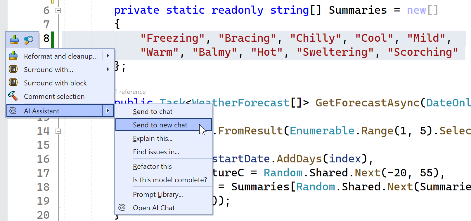 L'image montre du code sélectionné dans l'IDE et le menu contextuel de l'AI Assistant. Le menu propose plusieurs options pour l'IA, parmi lesquelles envoyer ce bloc de code au chat, expliquer le bloc de code, ou encore le refactoriser.