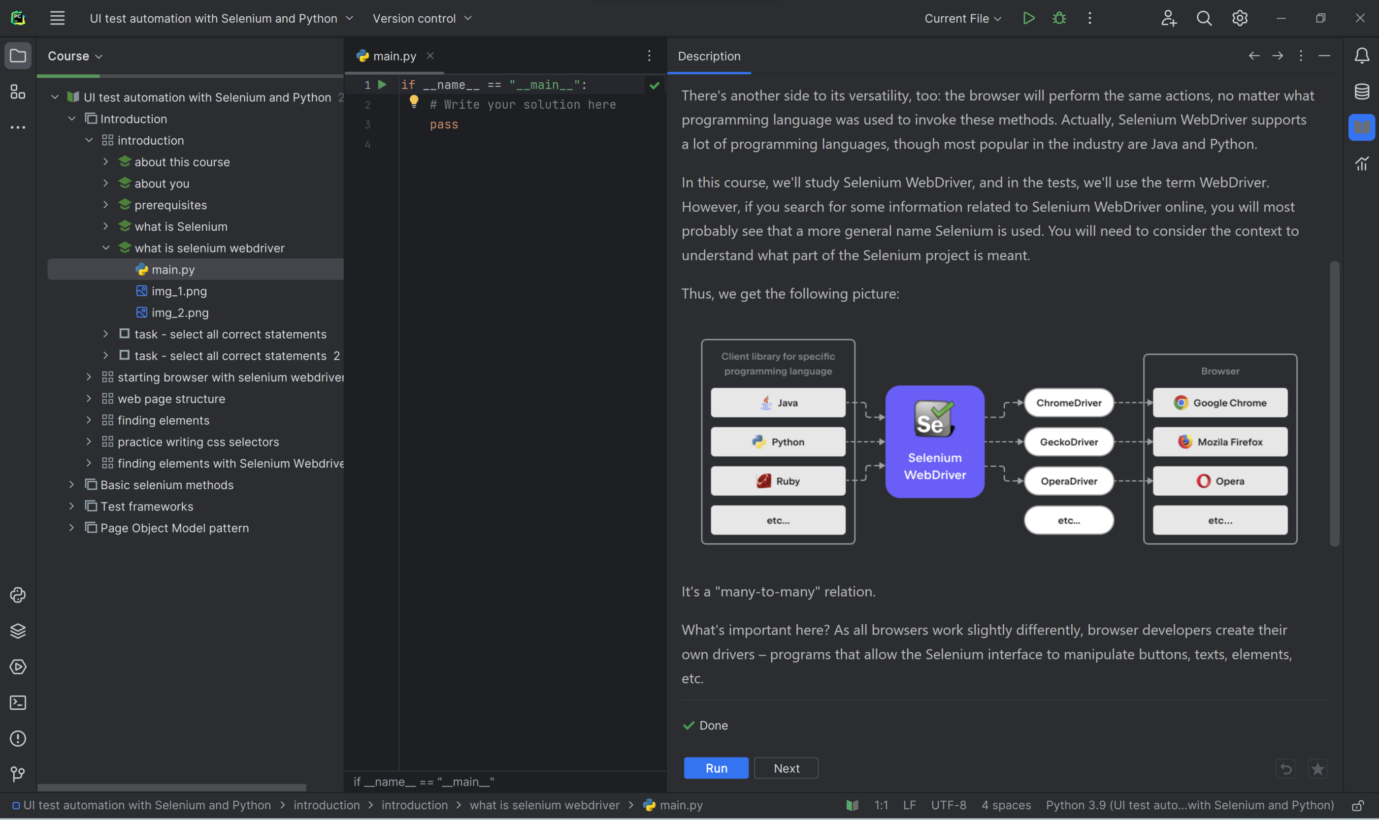 A screenshot of a lesson on the selenium webdriver em,bedded in an IDE