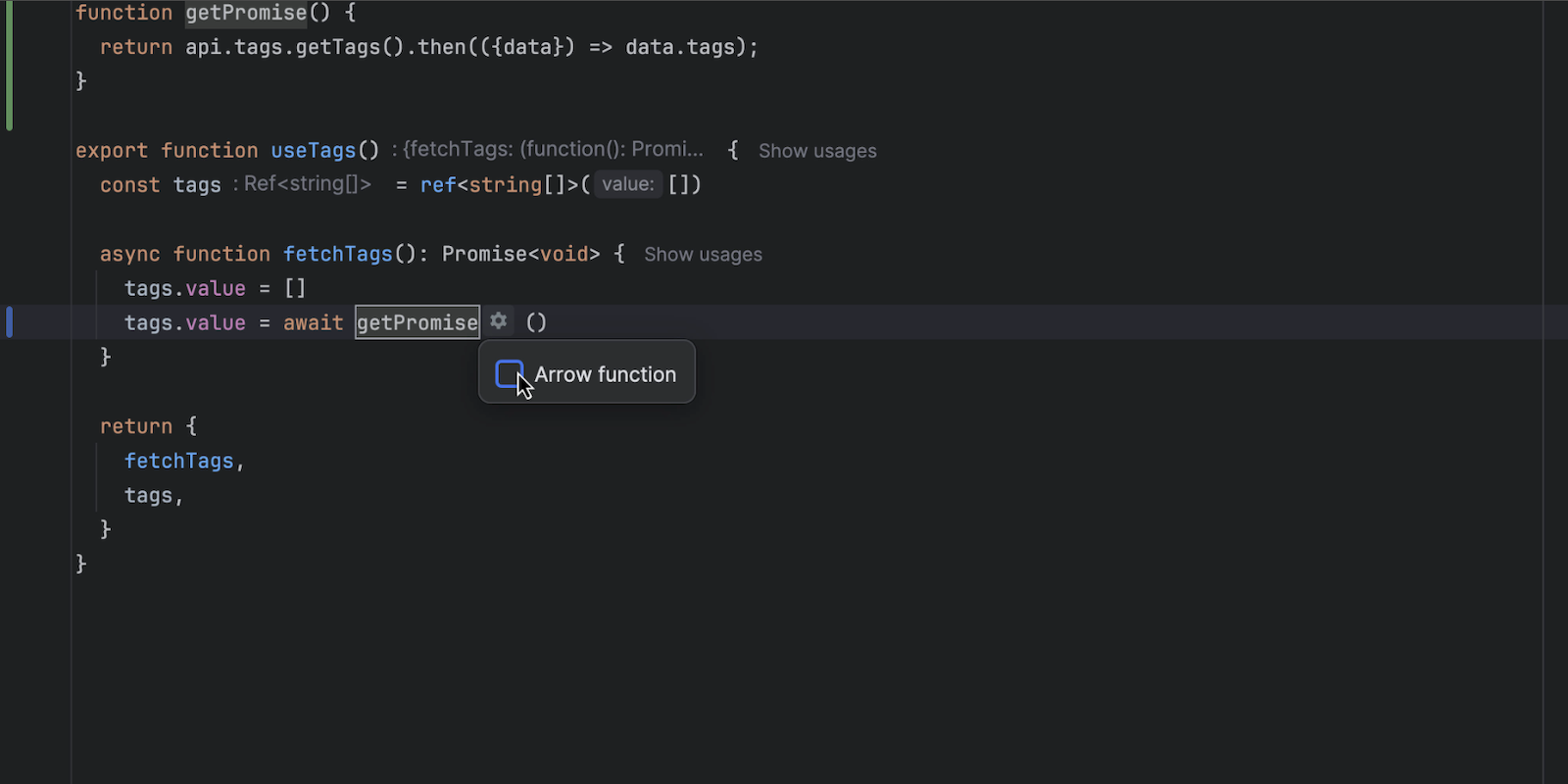 A gif showing generating an arrow function with the Extract Method refactoring