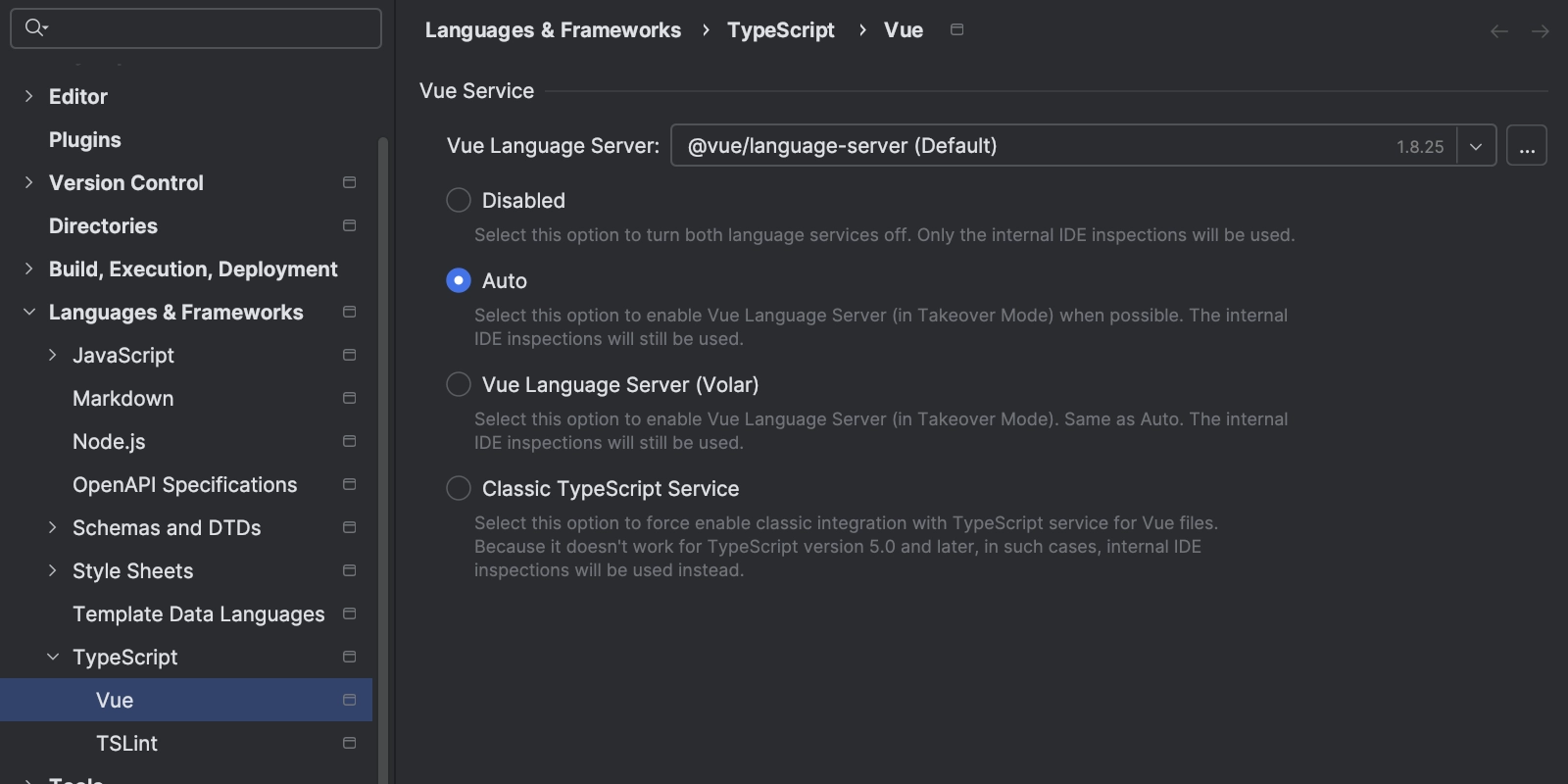 Settings dialog showing where to set up the Vue Service