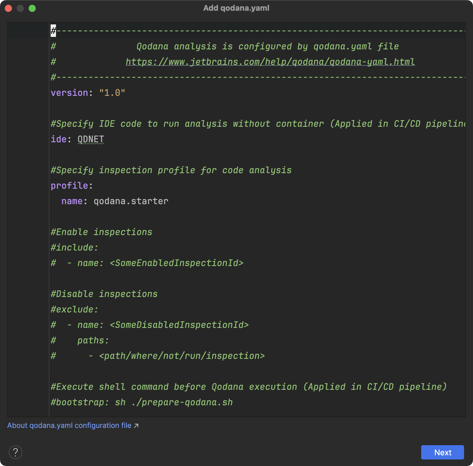 Adding the qodana.yml configuration file