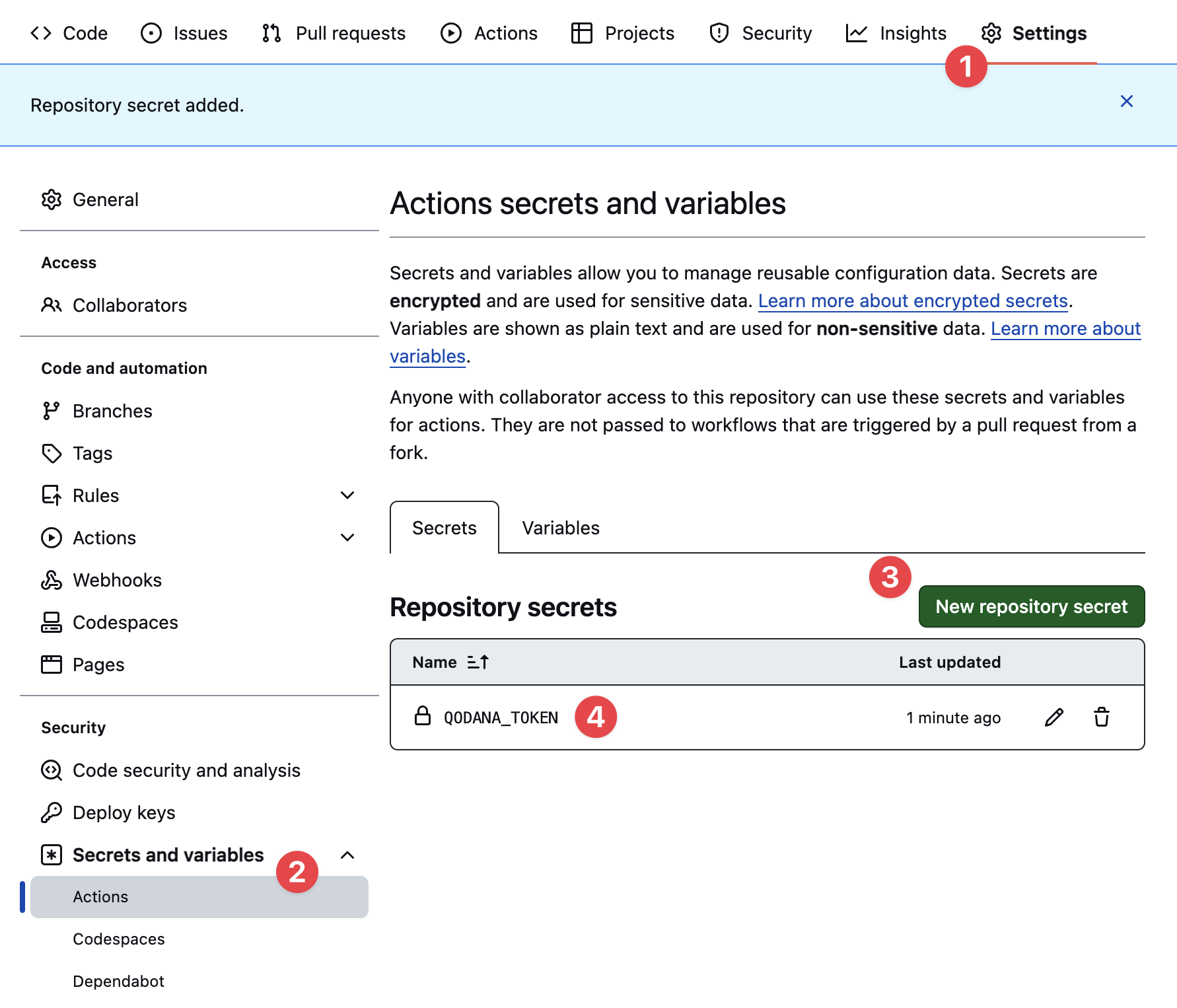 Adding the Qodana Token to a GitHub repository