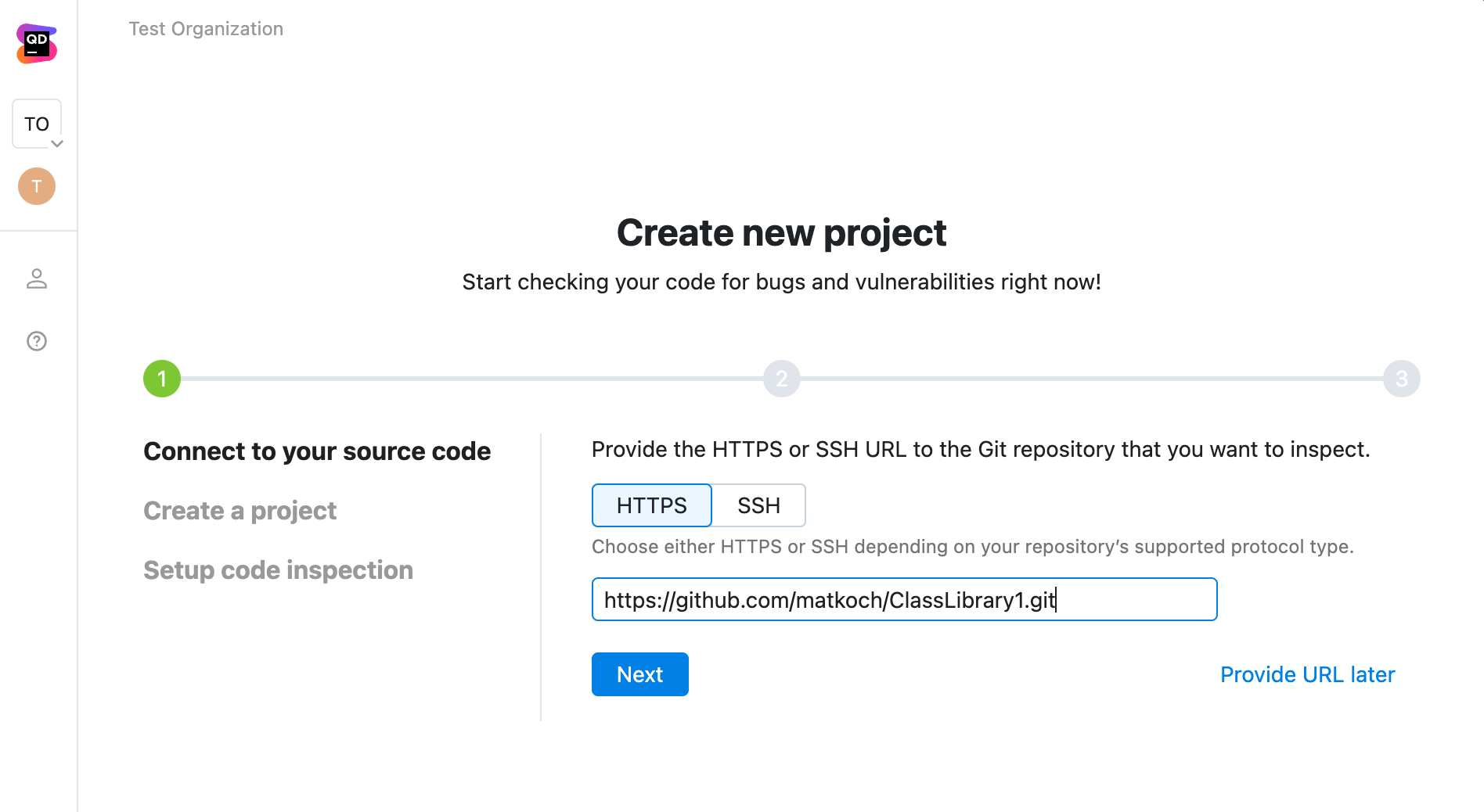 Creating a new Qodana project with an HTTPS address