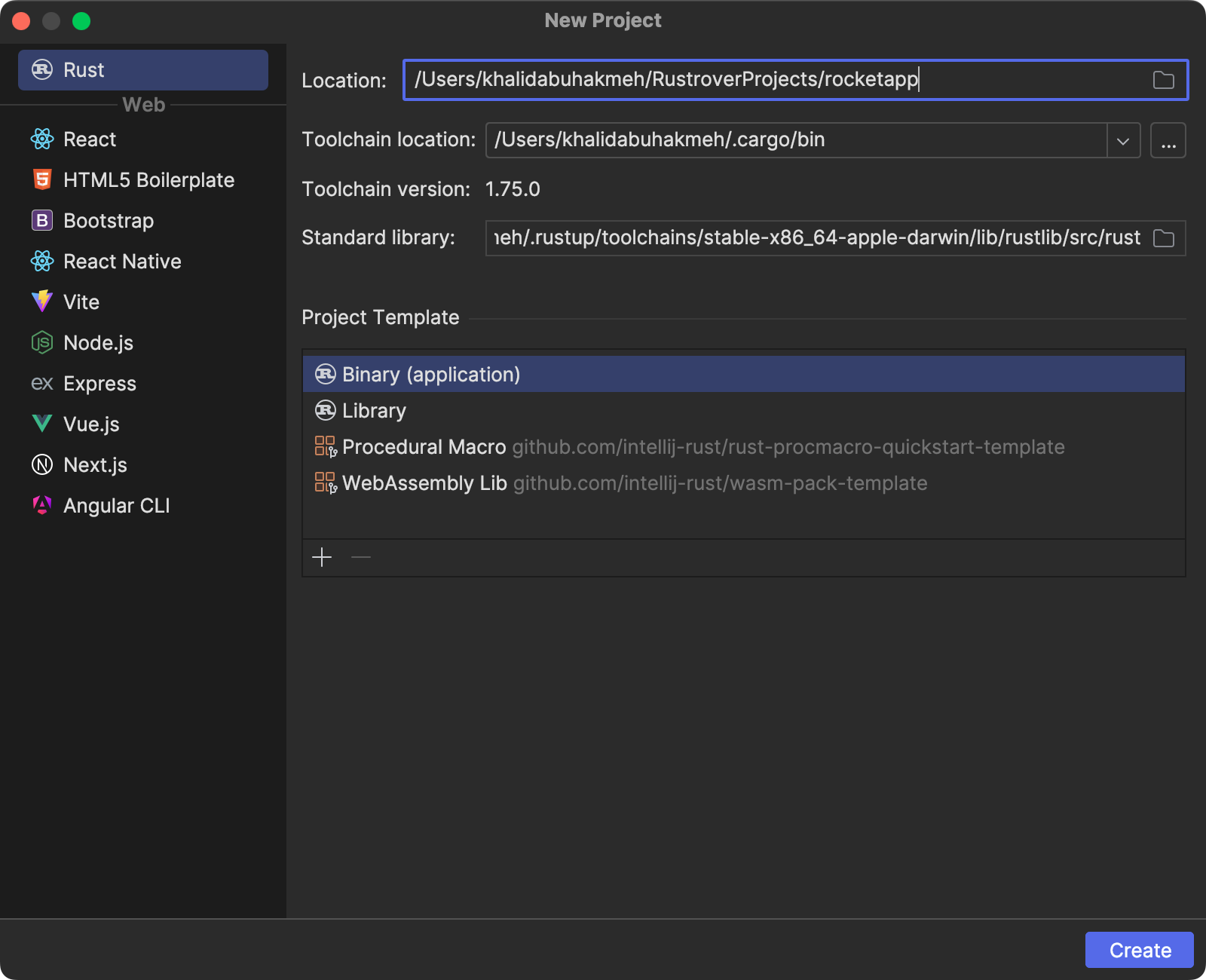 RustRover 中显示新的二进制应用程序的 New Project（新建项目）对话框。